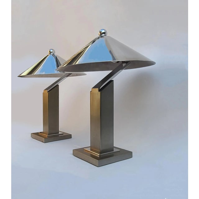 Restored Pair of Formidable Steel Table "Arquitectura" Table Lamps With Original Finials by Sergio Orozco for Brueton For Sale - Image 9 of 12