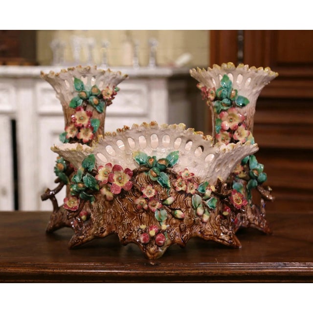 Victorian 19th Century French Barbotine Cache Pot and Vases With Floral Motifs, Set of 3 For Sale - Image 3 of 11