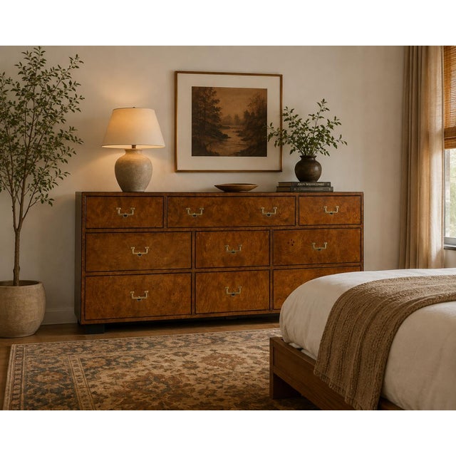 An exceptional 1970s John Widdicomb Campaign lowboy dresser crafted in richly figured burlwood veneers with elegant...