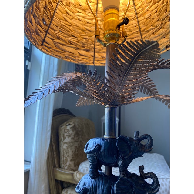Plastic Vintage British Colonial Stacked Elephant Palm Tree Table Lamp For Sale - Image 7 of 12