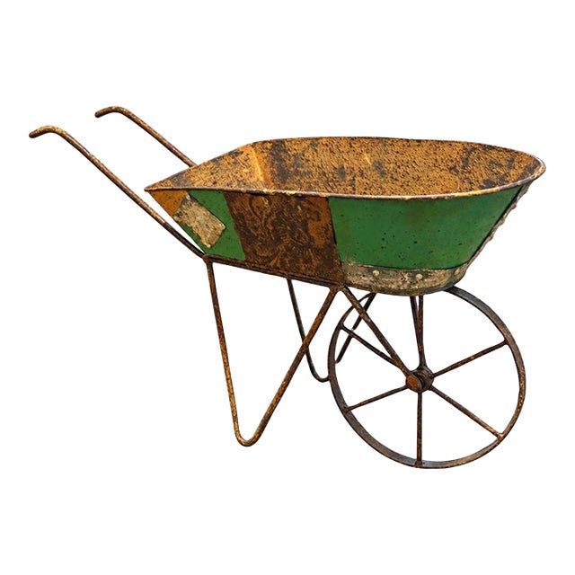 Small Rustic Reclaimed Painted Metal Wheelbarrow in Green, 10.5” X 18.5” For Sale