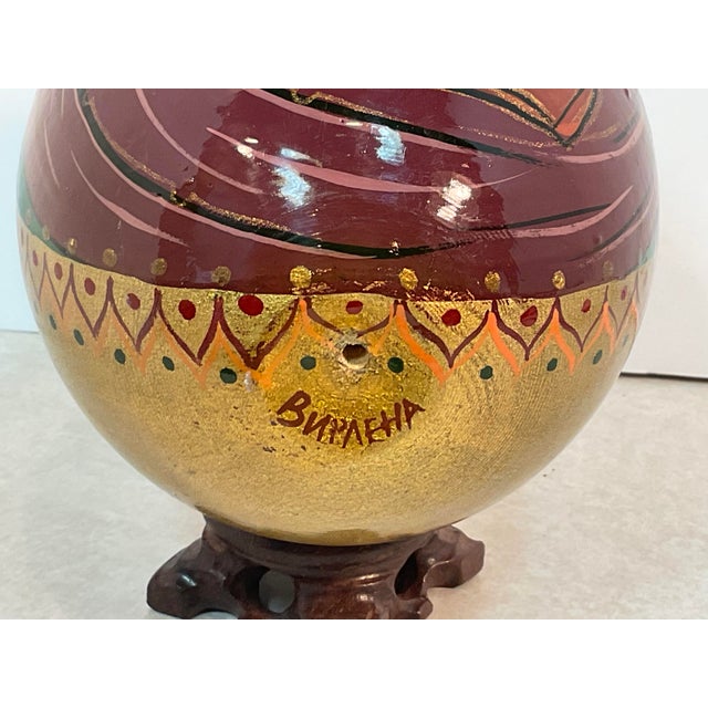 Hand Painted Lacquered Wood Egg of Mother of God Virgin Mary & Jesus on Stand For Sale - Image 12 of 13