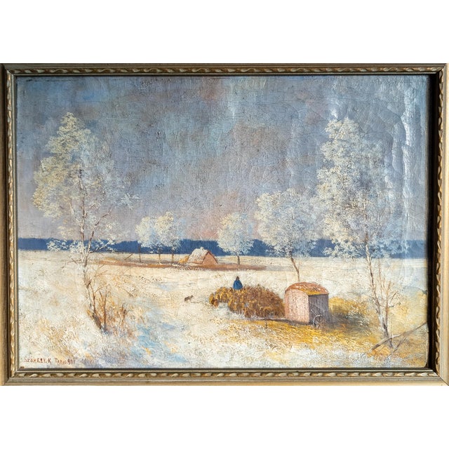 We are selling this European continental Winter landscape scene. This painting is of a farmer in an impressionist winter...