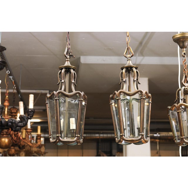 1940s Patinated Bronze Lanterns With Beveled Glass, France - a Pair For Sale - Image 12 of 12