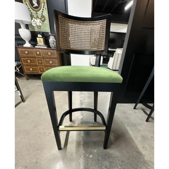 Palm Collection Black Green Performance Fabric Bar Stool With Cane Back W/ Brass Kickplate For Sale - Image 4 of 7