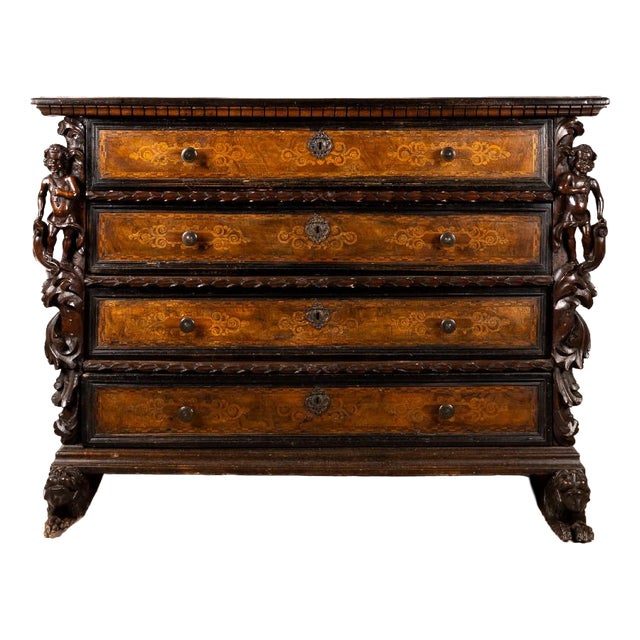 Bergamo Chest of 4 Drawers with Winged Caryatids, Early 17th Century For Sale