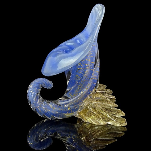 Mid-Century Modern Vintage Seguso Murano 1950s Gold Flecks Opalescent Blue Italian Art Glass Cornucopia Sculptural Vase For Sale - Image 3 of 10