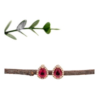 2.86ct Madagascar Ruby Earrings With Natural Diamond Halo in Solid 14k Gold, Pair For Sale