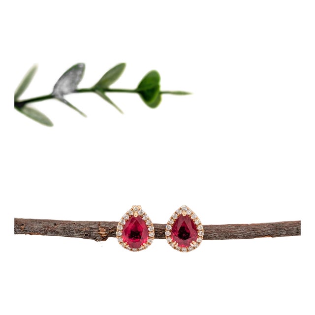 2.86ct Madagascar Ruby Earrings With Natural Diamond Halo in Solid 14k Gold, Pair For Sale