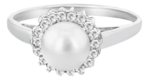 Freshwater Pearl & Diamond Halo Ring, Size 4
