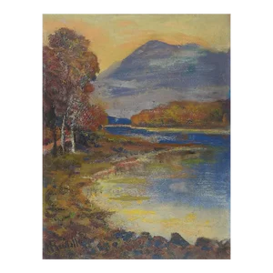 Vintage Mountain Lake Landscape Painting