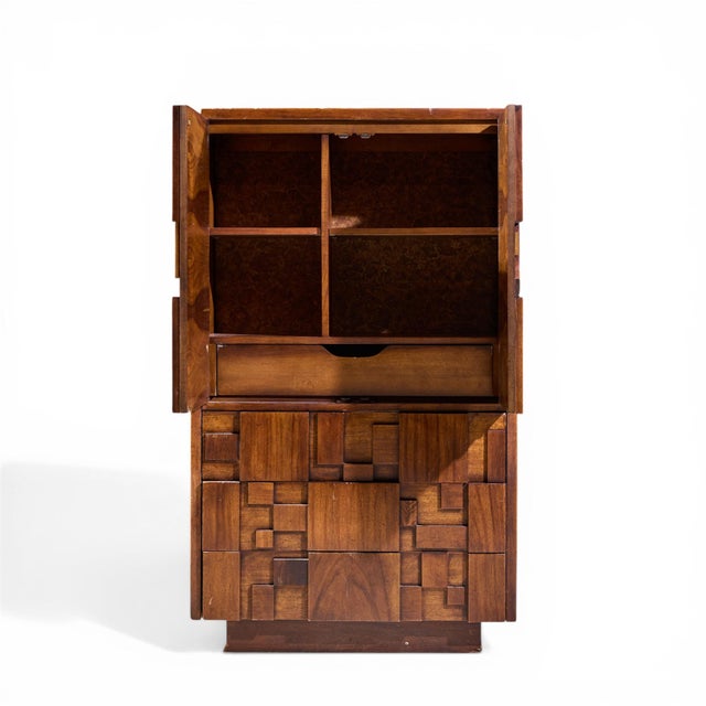 Brown Lane Staccato Brutalist Mid Century Walnut Highboy Armoire Dresser For Sale - Image 8 of 9
