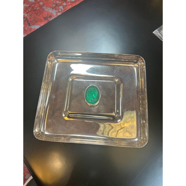 1970s Luana Francisci Silver-Plated Tray With Green Gem Accent For Sale - Image 4 of 4