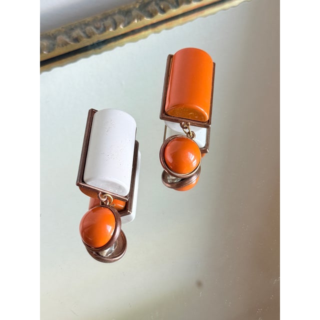 1960s Vintage 1960s Mod Geometric Clip on Earrings Orange White, Attributed to Pierre Cardin, A Pair For Sale - Image 5 of 12