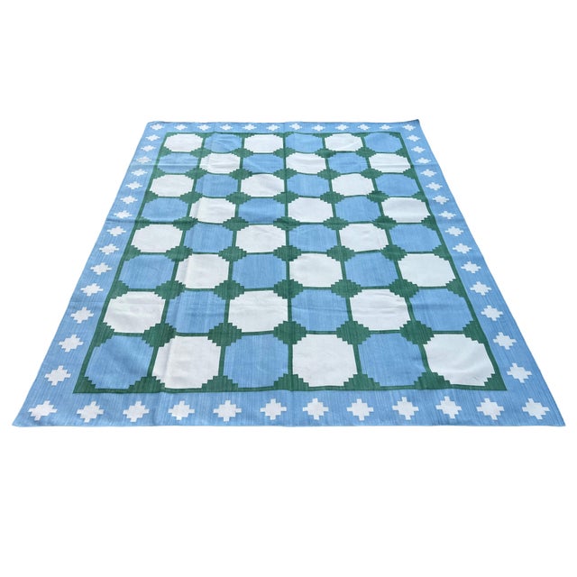 Mid-Century Modern Handmade Cotton Area Rug, Vegetable Dyed Sky Blue, Cream and Green Swedish Tile Dhurrie-10'x14' For Sale - Image 3 of 13