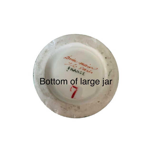 Late 19th Century Antique Green French Victorian Hand Painted Porcelain ApothecaryJars With Lids, Set\3 For Sale - Image 5 of 7