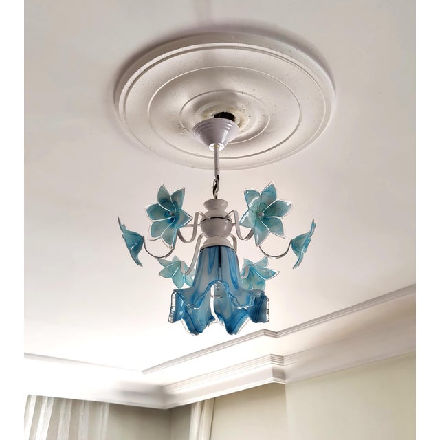 Blue Vintage Murano Style Glass Chandelier, 1980s Blue Floral Lamp, Small Italian Ceiling Light For Sale - Image 8 of 13