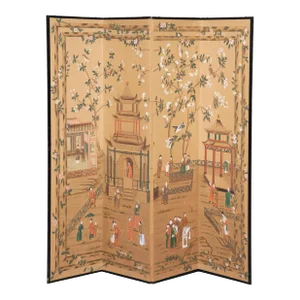 Chinoiserie Hand-Painted Four Panel Screen With Pagodas and Flowers