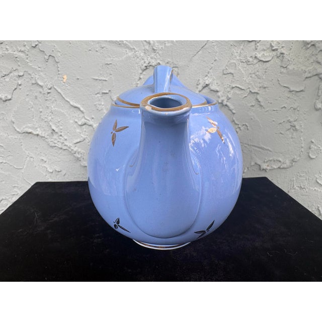 1940s Vintage Hall China Powder Blue 6-Cup Teapot With Gold Floral Motif For Sale - Image 5 of 8