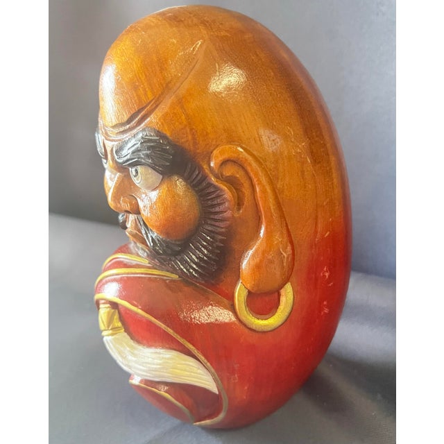 Hand Carved Japanese Daruma Doll Wood 7” Bodhidharma Red Figure For Sale - Image 11 of 12