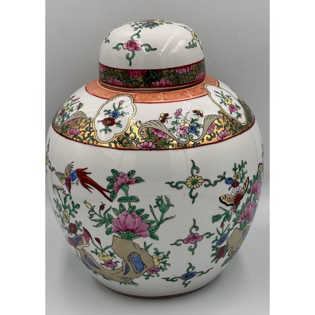 Ceramic Chinese Export Famille Rose Oriental Gilt Porcelain Lidded Ginger Jar Tea Caddie For Sale - Image 7 of 11