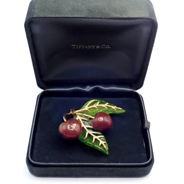 1950s Vintage Tiffany & Co. France Diamond Plique a Jour Glass Cherries Gold Brooch For Sale - Image 5 of 11