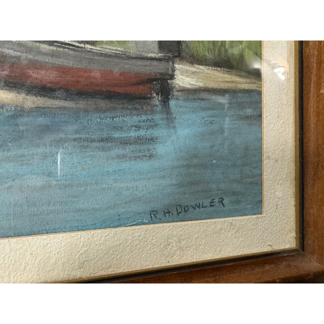 Vintage Cottage Dockside Landscape Framed Pastel Watercolor Painting W Boat For Sale - Image 4 of 6