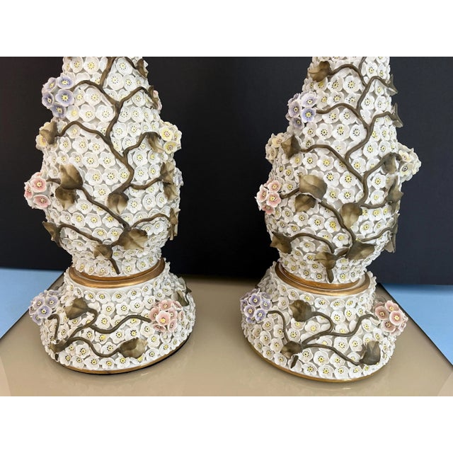 1950s Applied Floral Porcelain Tree of Life Lamps, Pair For Sale - Image 6 of 18