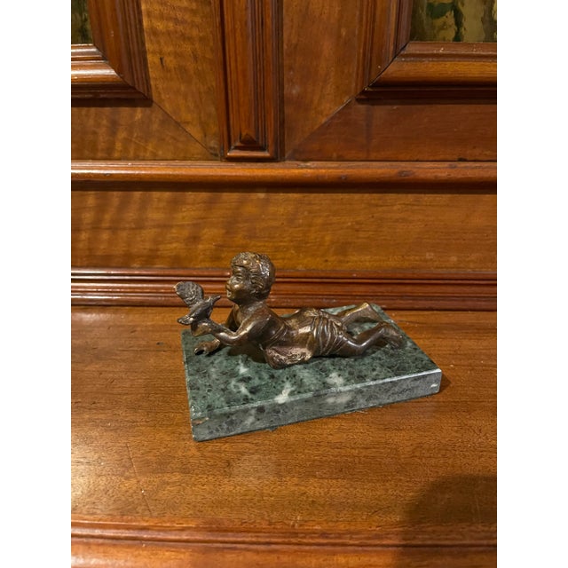 Bronze Statue Boy Holding Bird For Sale - Image 6 of 6