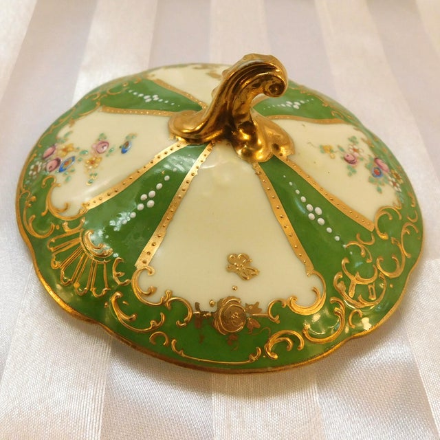 1930s Dresden Covered Two Handle Dessert Cup and Underplate With Raised Gold Trim For Sale - Image 4 of 18