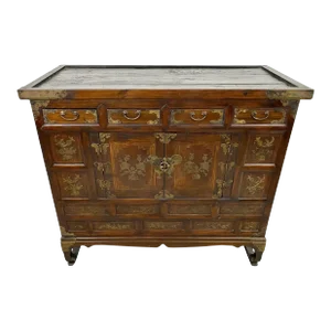Antique Korean Tansu Butterfly Cabinet or Chest Elm Wood With Brass Inlay