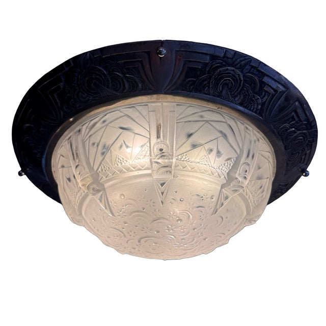 Art Deco A La Nuit Étoilée Ceiling Light in Pressed Molded Glass and Nickel-Plated Bronze by Müller Frères Lunéville, 1930 For Sale - Image 18 of 18