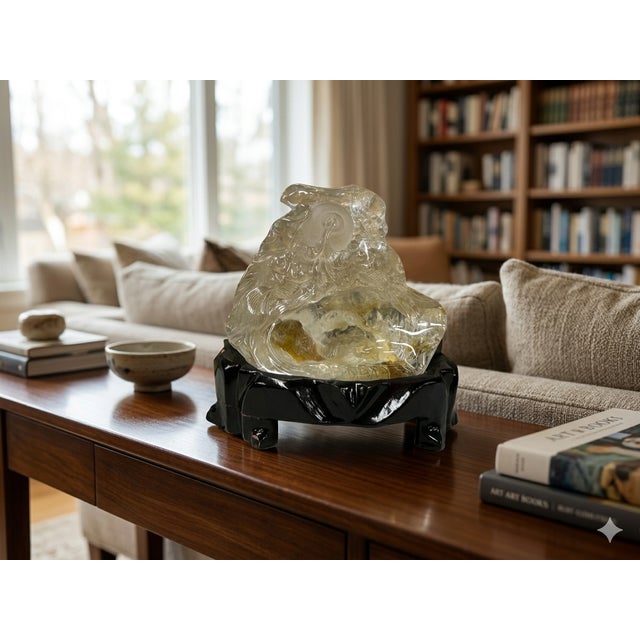 1990s Natural Clear Crystal Koi Gold Fishes Wave Display on Wood Stand For Sale - Image 5 of 9