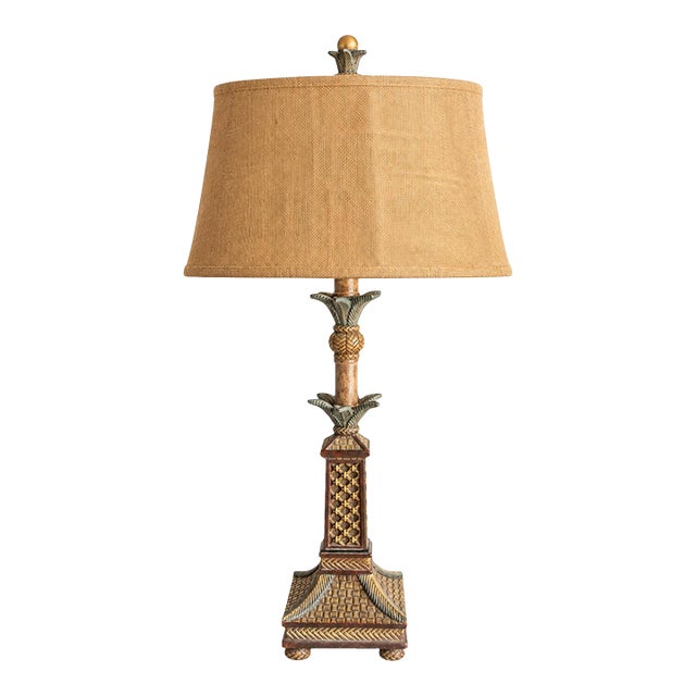 Vintage Tropical Hollywood Regency Pineapple & Palm Leaf Table Lamp With Burlap Shade For Sale