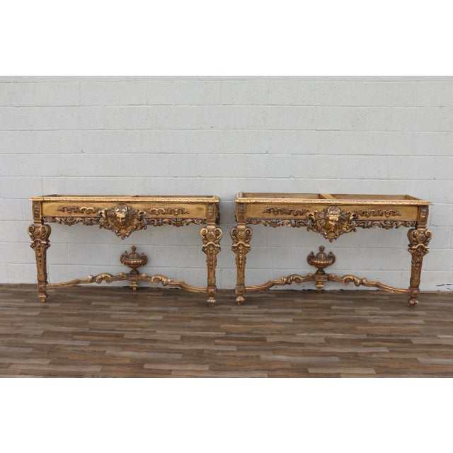Antique Italian Baroque Giltwood Console Tables With Breccia Marble Tops | Pair | Circa 1900s For Sale - Image 15 of 18