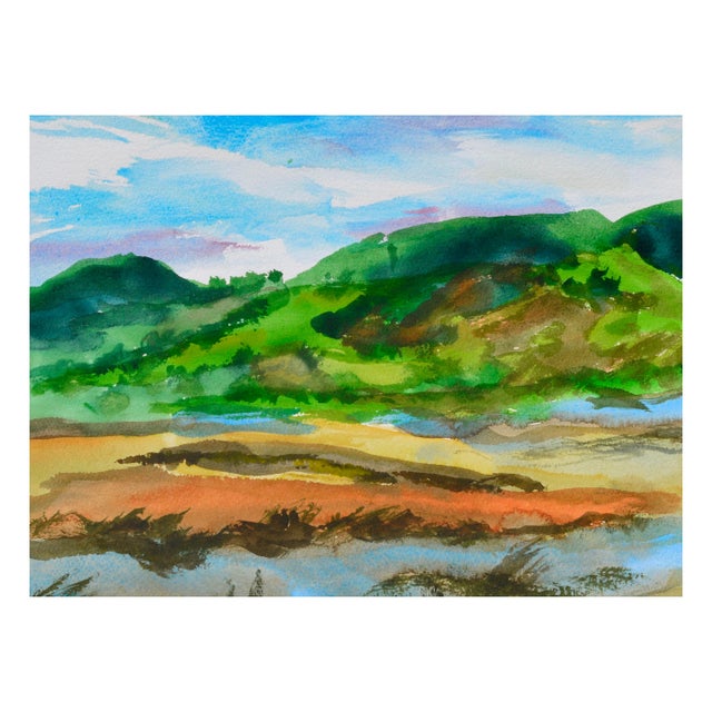 Colorful watercolor landscape of a lake surrounded by mountains by California artist Les (Leslie Luverne) Anderson...