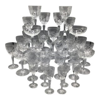 Cut Crystal European Abstract Line and Bubble Stemware-Set of 39 For Sale
