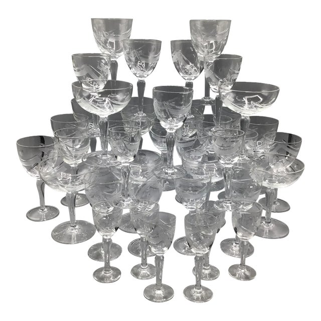 Vintage Rare European Abstract Line and Bubble Cut Crystal Stemware-Set of 40 For Sale
