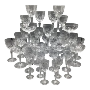 Vintage Rare European Abstract Line and Bubble Cut Crystal Stemware-Set of 40
