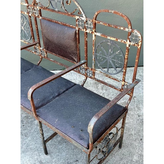 Vintage Distressed Metal and Upholstery Bench For Sale - Image 11 of 12