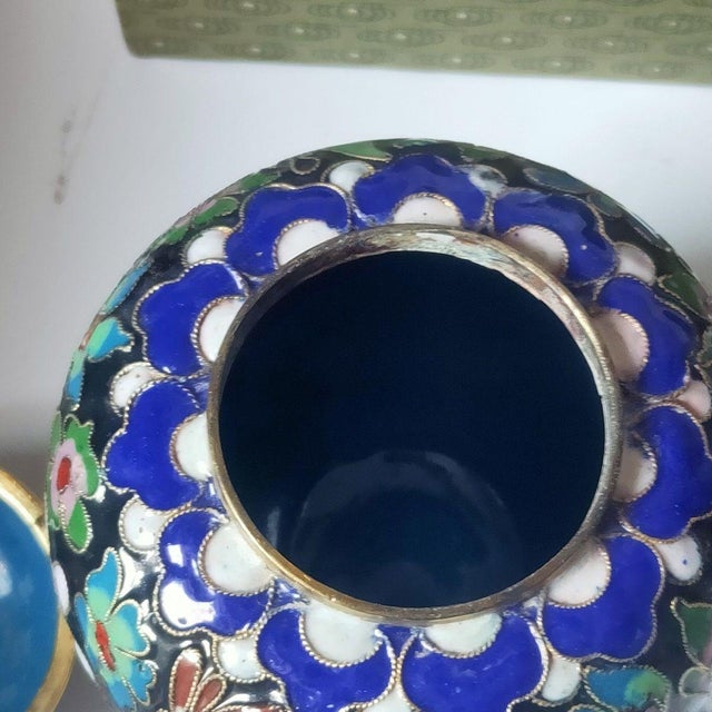 Metal Pair of Vintage Cloisonné Enamel Tea Jars – Black Ground, Floral Motif, With Original Box For Sale - Image 7 of 9
