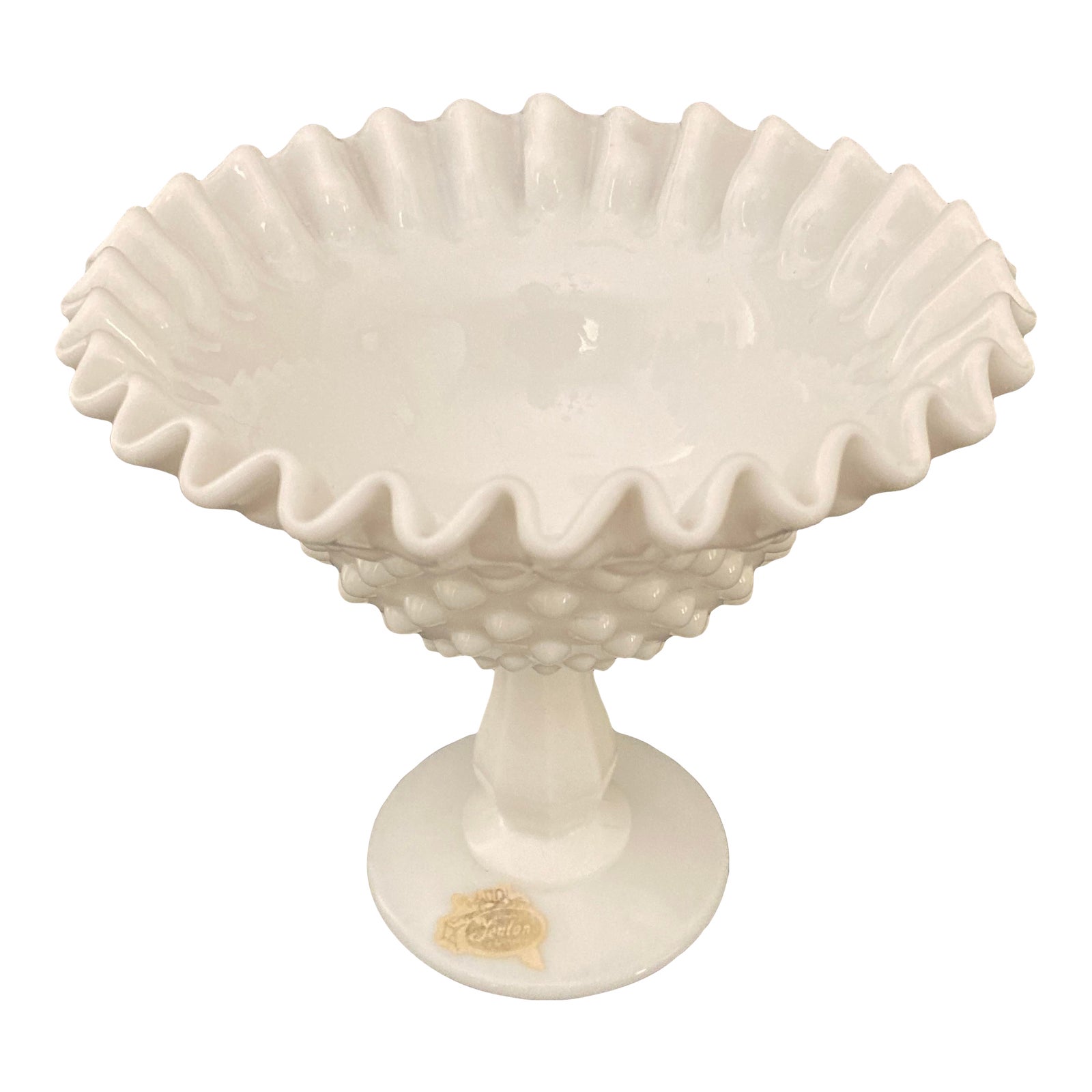 Vintage Fenton Milk Glass Pedestal Ruffled Hobnail Candy Compote Dish