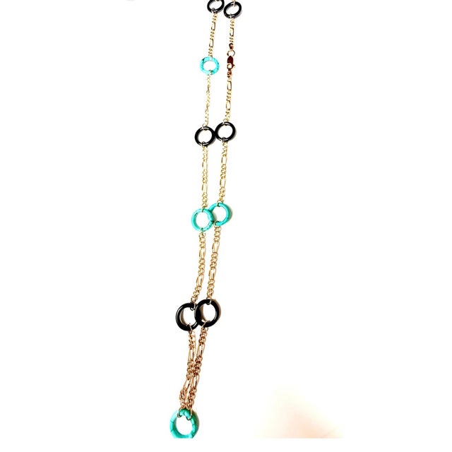 14k Yellow Gold Italian Onyx & Turquoise Circle Necklace 21" Length For Sale - Image 14 of 14