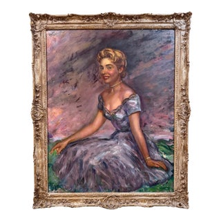 Mid-Century Modern Seated Woman Portrait Painting on Masonite - Framed For Sale