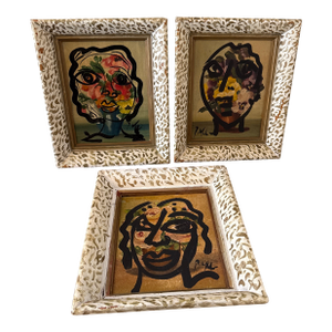 Set of 3 Original Vintage Peter Robert Keil Abstract Expressionist Face Paintings in Ornate Frames