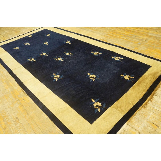 1920s Navy Minimalist Floral Deco Antique Chinese Peking Small Rug 5'9" X 11' 3" For Sale - Image 4 of 8