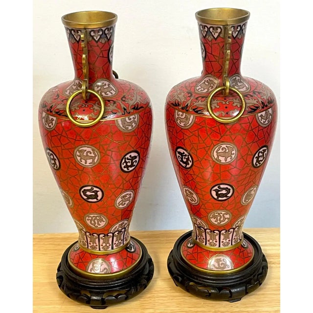 Mid 20th Century Chinese Red Cloisonné Zodiac Vases With Stands - a Pair For Sale In West Palm - Image 6 of 13