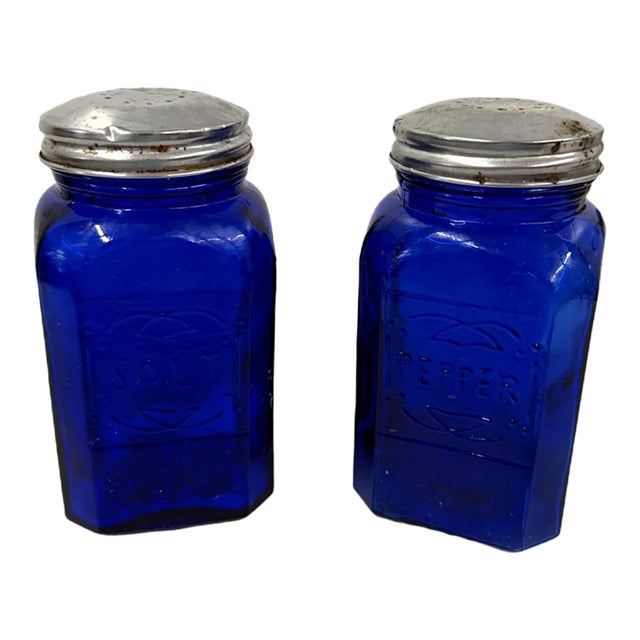Vintage Farmhouse Cobalt Blue Glass Salt & Pepper Shakers - Pair For Sale