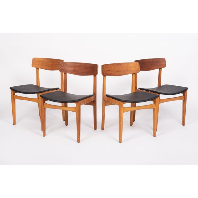Mid Century Danish Teak Wood & Black Vinyl Dining Chairs For Sale - Image 11 of 13