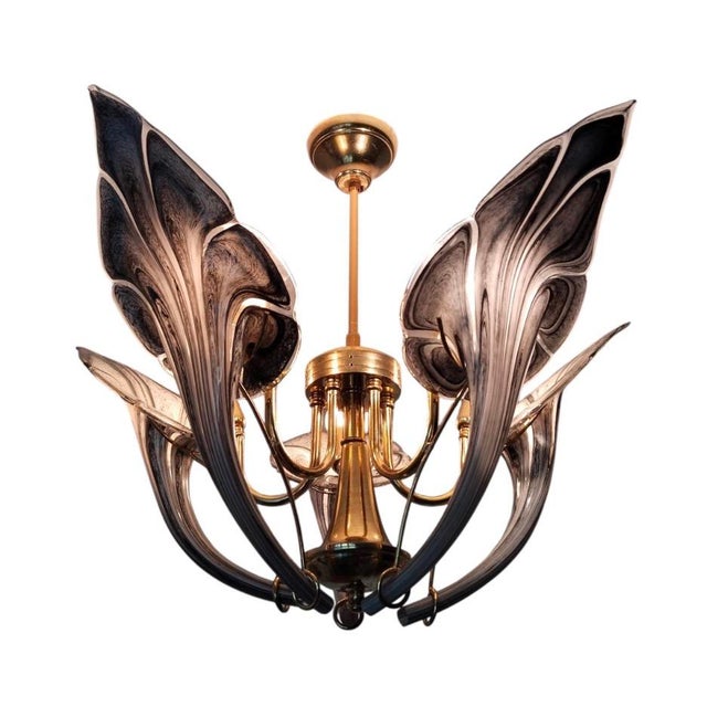 Black Vintage Black Murano Glass Vintage Chandelier, Lily Floral 1980s 5-Light Flush Mount For Sale - Image 8 of 13